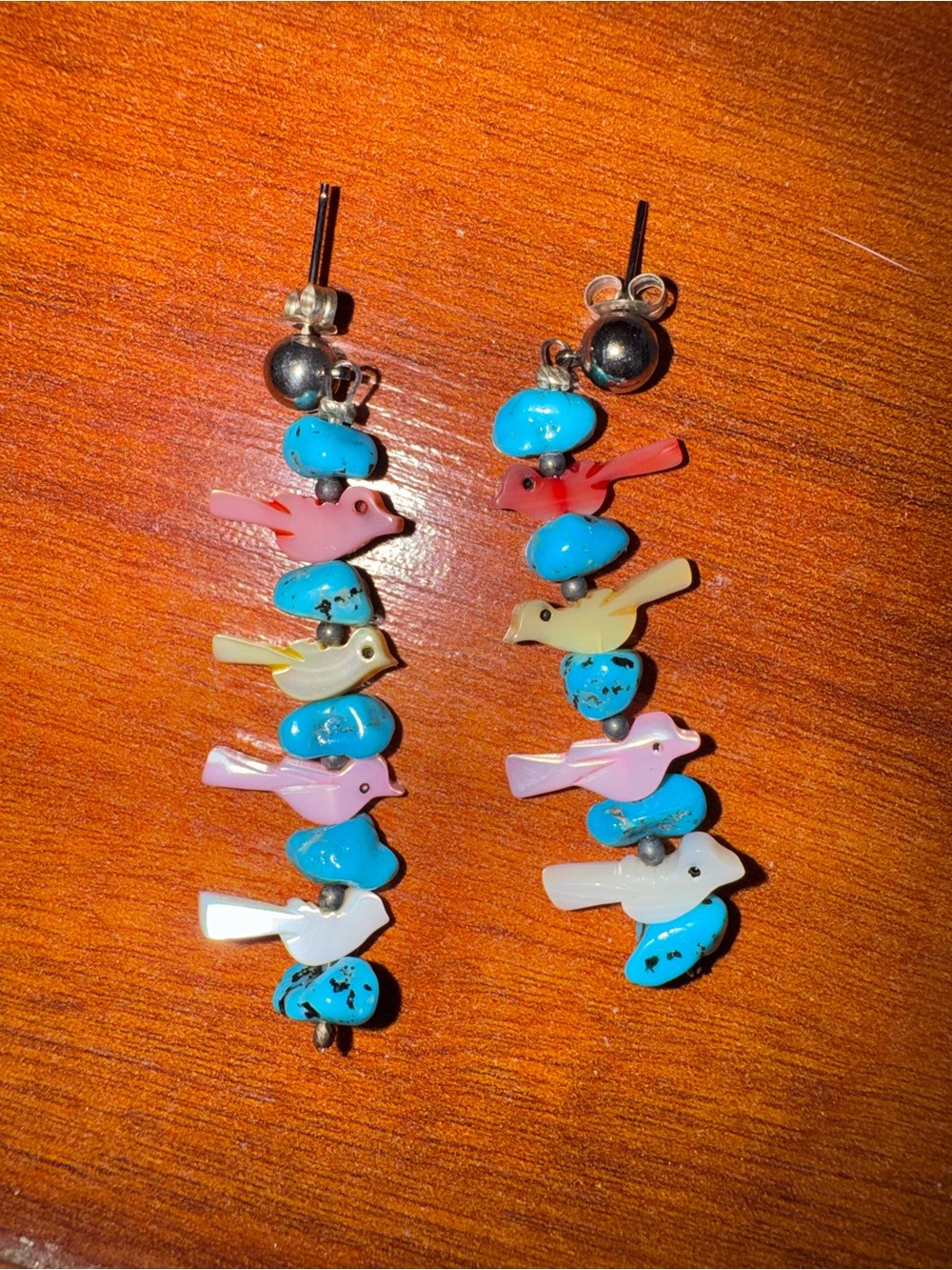VINTAGE ZUNI Colorful Bird & Turquoise Bead Dangle Earrings